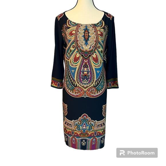 London Times Stained Glass Baroque Shift Skimmer Dress Size 12 Navy Colorful - Picture 1 of 9